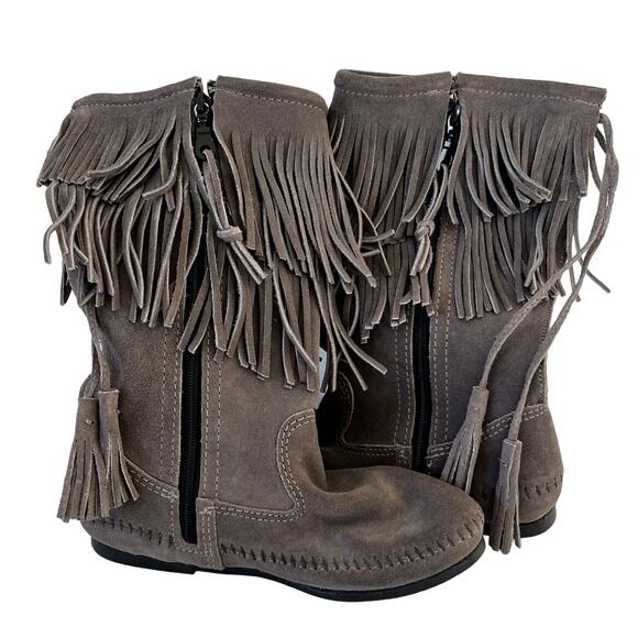 MINNETONKA Women's size 6 Grey Leather Fringe Moccasin Mid Calf Tall Boots - Picture 3 of 5